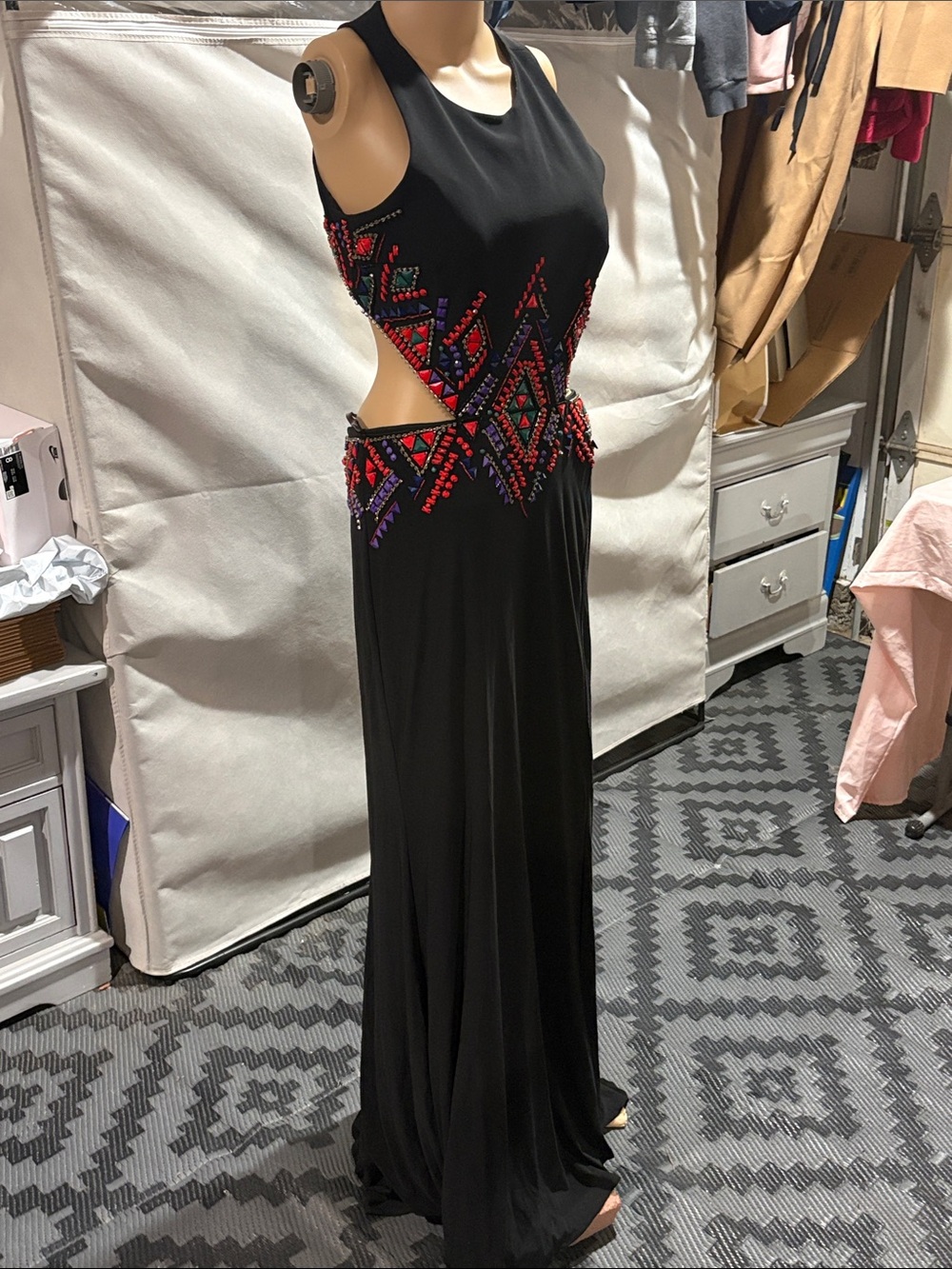 Camille La Vie Black Beaded Cutout Prom Gown with Red & Purple Accents